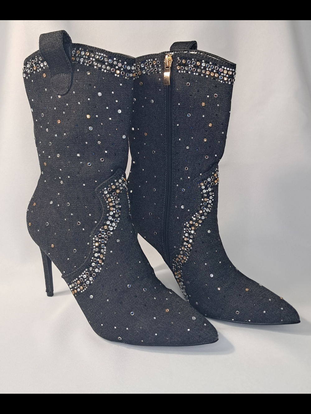 Embellished Dark Denim Western Pointed Toe Stiletto Mid-Calf Cowgirl  Boots NWOB